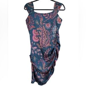 averie Halley Ruched Midi Dress NWT Floral Cobalt Blue Satin Large